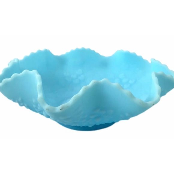 Fenton Bowl Blue Satin Cherry Chain and Orange Tree Vintage Art Glass 10" x 3" - Picture 1 of 7